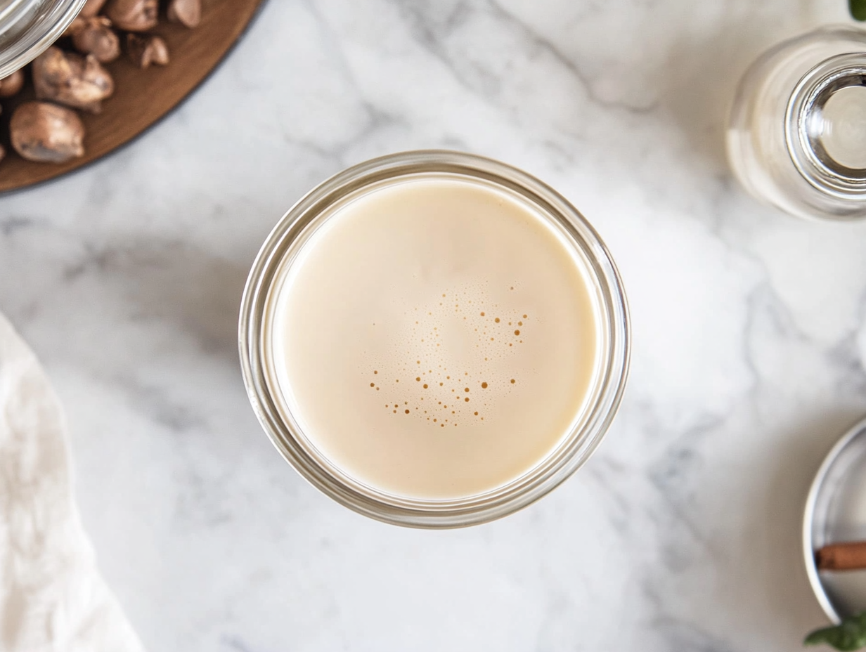 Top-down view of a sealed airtight container or glass bottle filled with homemade Irish cream, placed on a white marble cooktop. The Irish cream is ready to be stored in the refrigerator for up to 2 months.