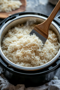 A top-down view of the cooked jasmine rice inside the Instant Pot. A fork is being used to gently fluff the rice, showcasing the tender, perfectly cooked grains ready for serving.