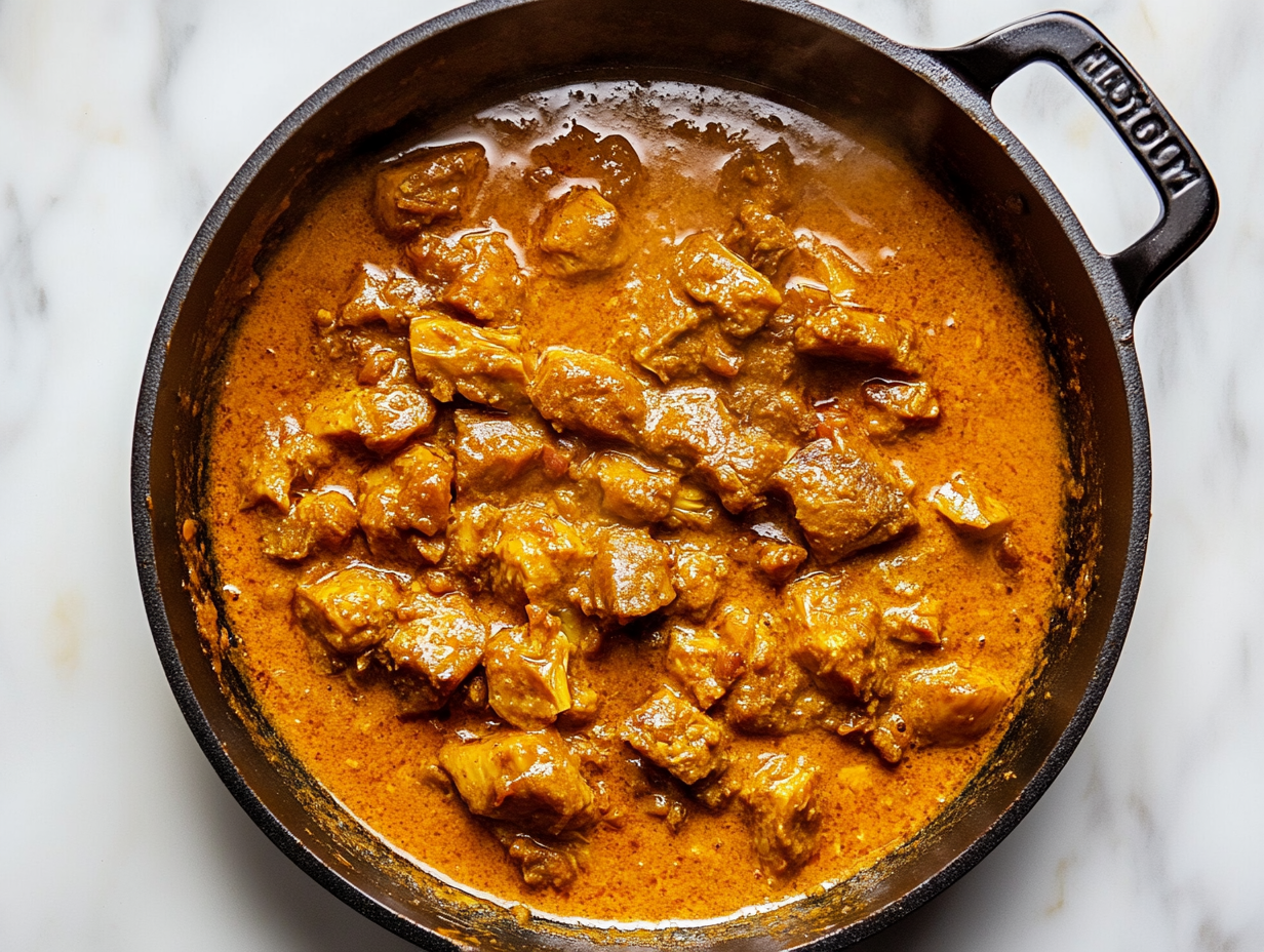 Top-down view of the finished jackfruit curry, garnished with chopped cilantro, served in a bowl on a white marble cooktop background. The dish is vibrant, showcasing tender jackfruit, potatoes, and kale in a rich coconut curry sauce.