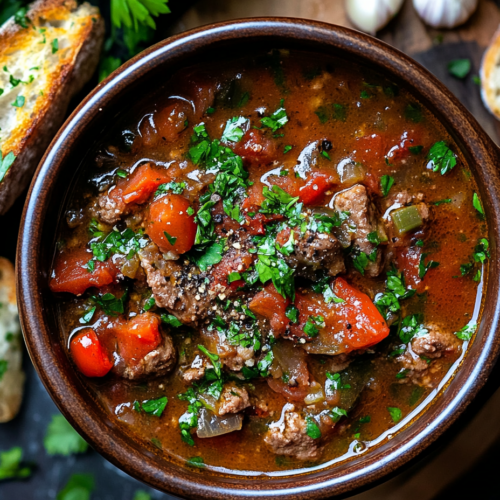 Top-down view of the stew served in a bowl, garnished with reserved parsley and cracked black pepper. The rich stew is accompanied by garlic bruschetta, showcasing the warm, comforting dish.