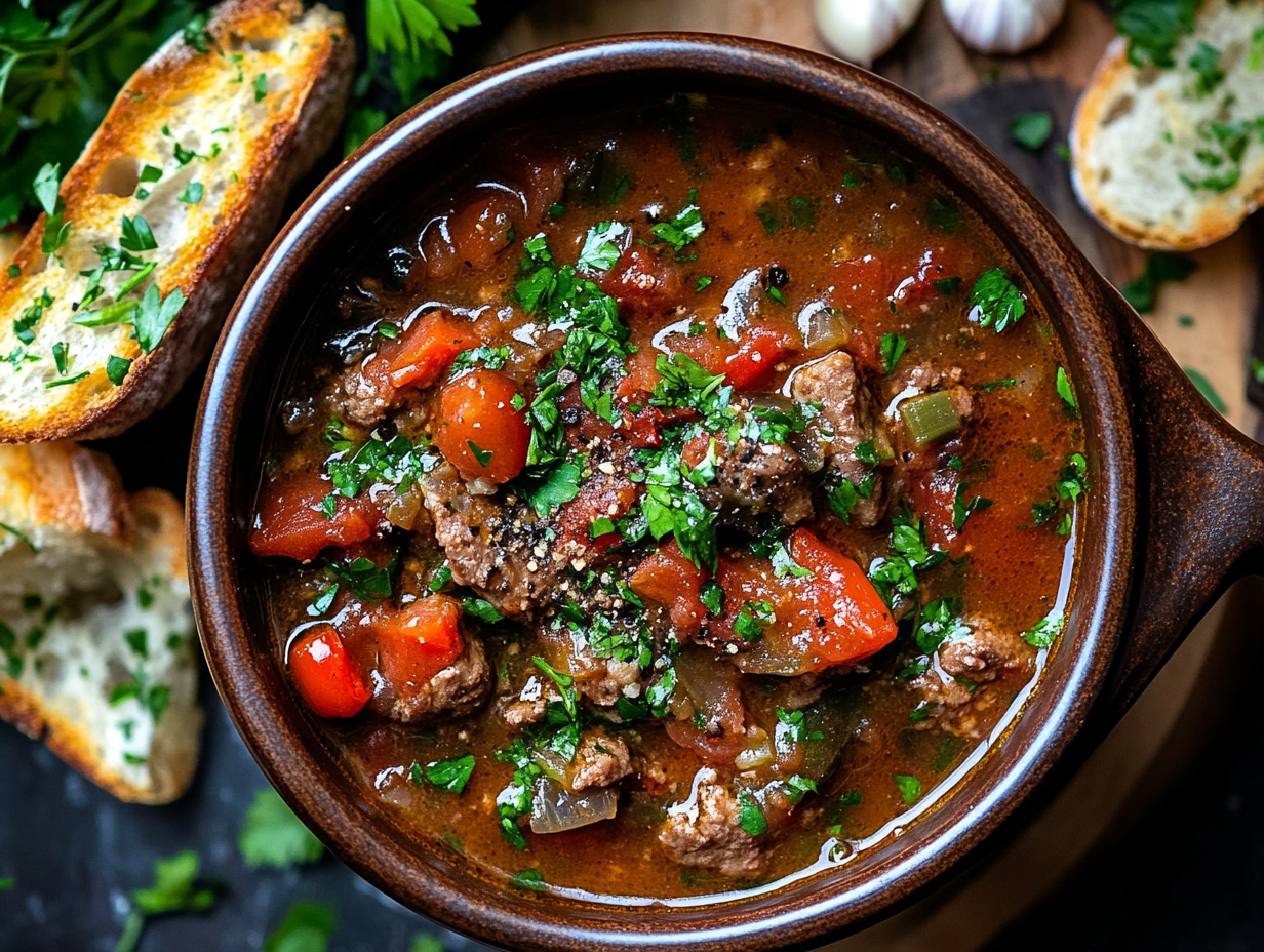 Top-down view of the stew served in a bowl, garnished with reserved parsley and cracked black pepper. The rich stew is accompanied by garlic bruschetta, showcasing the warm, comforting dish.