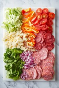 Top-down view of a clean cutting board on a white marble cooktop, showing the base of the sandwich with layers of shredded lettuce, ham, salami, pepperoni, provolone cheese, tomato slices, banana peppers, and thinly sliced red onions. The organized layering of ingredients is highlighted.