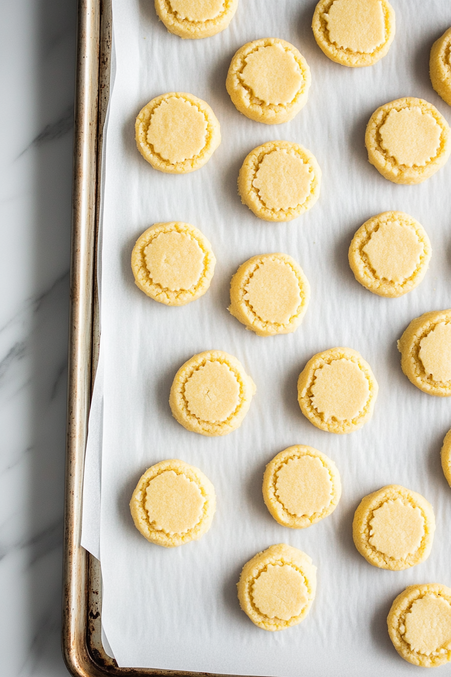 This image shows small, evenly shaped balls of lemon cookie dough spaced apart on a parchment-lined baking sheet, ready to go into the oven. The dough balls have a light yellow hue, and the baking sheet is prepped to ensure the cookies bake evenly and spread out perfectly.