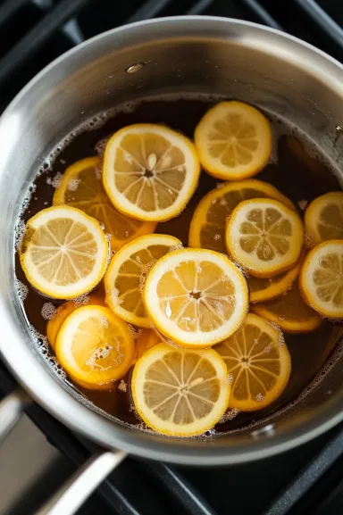 Top-down view of lemon peels simmering in a sugar syrup on the stovetop. The sugar has dissolved, and the peels are gently cooking in the saucepan.