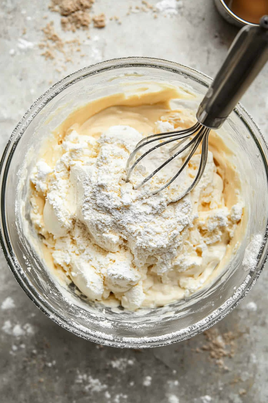 Top-down view of a mixing bowl with softened cream cheese, 2 eggs, 4 cups of powdered sugar, and 1 teaspoon of vanilla extract. The ingredients are being blended with an electric mixer, creating a smooth and creamy filling ready to pour over the cake base.