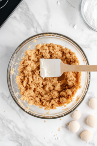 A top-down view of a mixing bowl on a clean kitchen countertop with a white marble cooktop background. Inside the bowl, graham cracker crumbs, granulated sugar, and melted butter are being mixed together. A spatula is stirring the ingredients, and the crumbly mixture is ready to be pressed into a pie pan. The scene focuses on the well-blended graham cracker crust mixture.