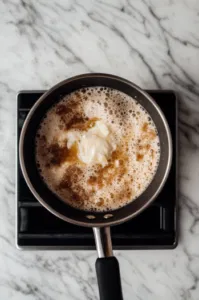 Top-down view of a saucepan on the stove with brown sugar, unsalted butter, and cream of tartar being stirred together as the mixture starts to bubble and boil.