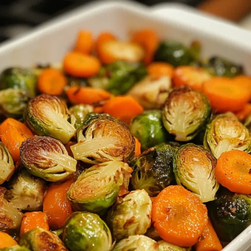 The vegetables roasting in the oven, with a light stir halfway through for even browning, turning golden and caramelized.