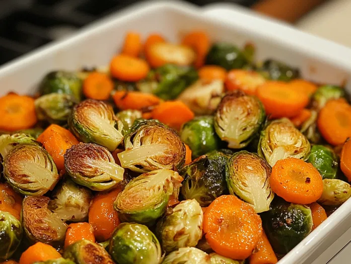 The vegetables roasting in the oven, with a light stir halfway through for even browning, turning golden and caramelized.