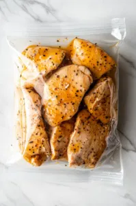 This image shows chicken breasts being added to the marinade inside a large bowl or zip-close bag, ensuring they are evenly coated before refrigerating.