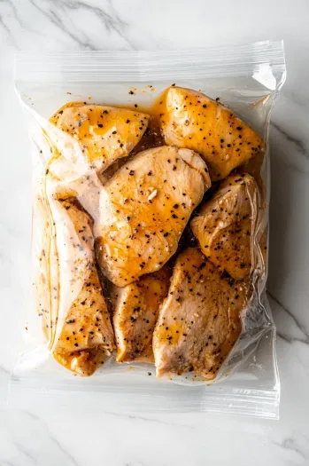 This image shows chicken breasts being added to the marinade inside a large bowl or zip-close bag, ensuring they are evenly coated before refrigerating.