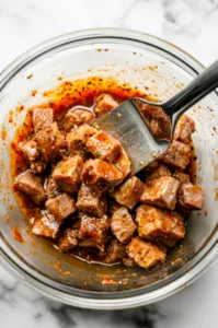 This image shows cubed pork in a bowl being coated with the blended al pastor sauce, ready to be covered and marinated in the refrigerator.