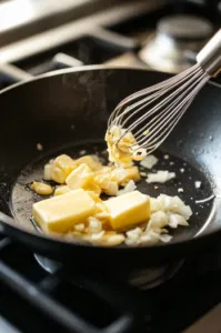 A top-down view of a skillet with unsalted butter melting. The melted butter is being poured into a bowl with chopped onions, mustard, brown sugar, and Worcestershire sauce, being whisked together to form a flavorful mixture.