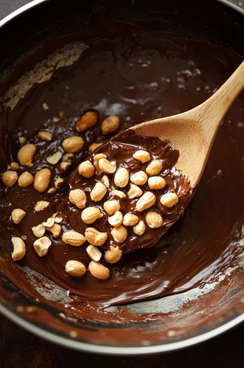 Top-down view of a double boiler on a white marble cooktop. Semi-sweet chocolate chips and peanut butter chips are melting inside the top bowl over gently simmering water. The chips are being stirred constantly, creating a smooth mixture.