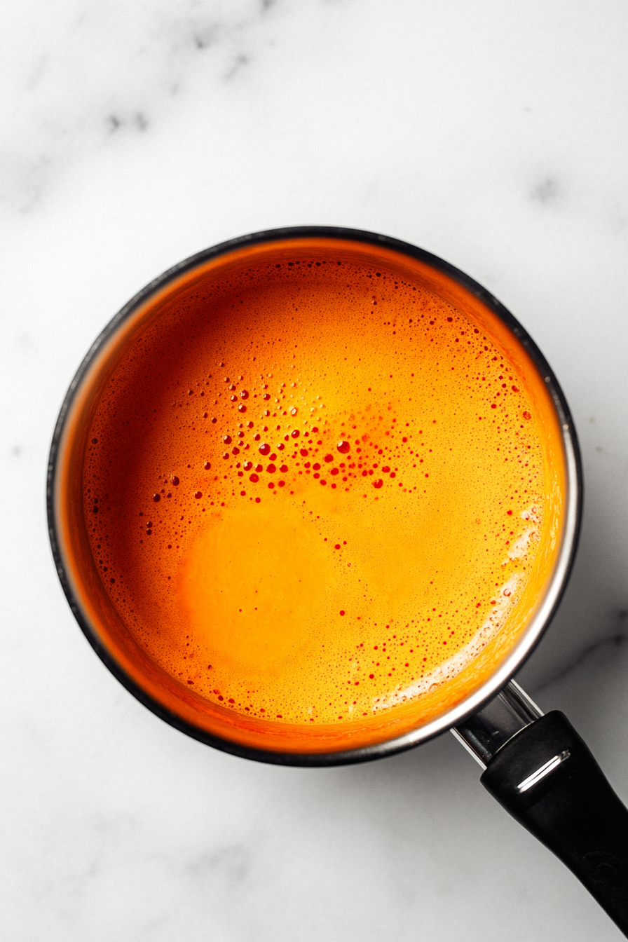 Top-down view of a small saucepan on the cooktop with the same white chocolate mixture being prepared. Red and yellow food coloring are being added to create an orange hue, with the mixture being stirred until fully blended.