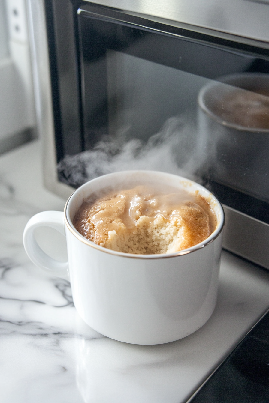 Top-down view of the mug inside the microwave, cooking on HIGH for 1½ to 2 minutes. The cake batter is rising, and steam is beginning to form as it cooks.