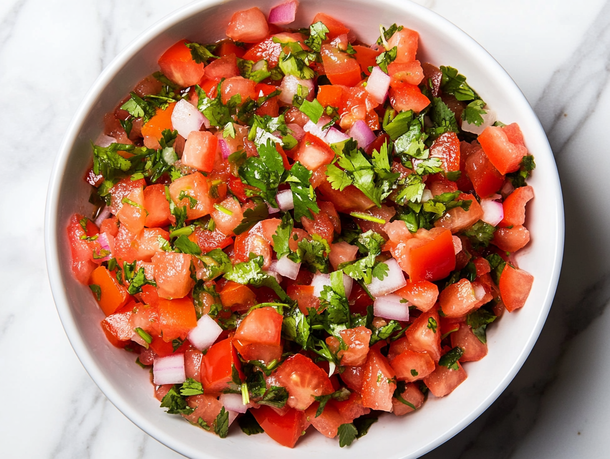 Top-down view of the freshly prepared salsa in a serving bowl on a white marble cooktop. The colorful mix of tomatoes, cilantro, and onions is garnished with extra cilantro, ready to serve.