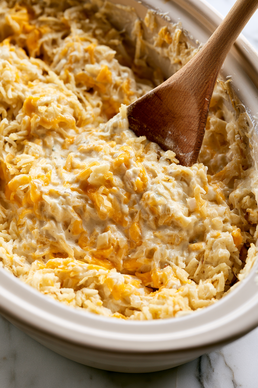 Mix thawed hash brown potatoes, Cheddar cheese, condensed cream of chicken soup, sour cream, onion, milk, seasoned salt, and garlic in a slow cooker