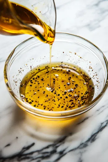 A bowl with olive oil, maple syrup, kosher salt, and black pepper being stirred together to create a sweet and savory glaze.