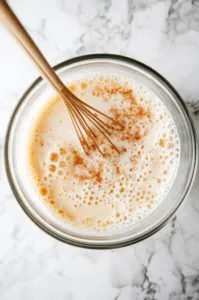 This image shows a large bowl with milk, eggs, maple syrup, and vanilla being whisked together to create a rich custard mixture.