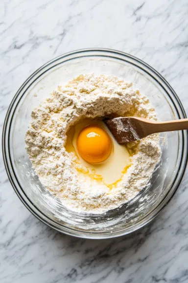 This image shows a bowl of donut batter, with the egg, milk, and melted butter stirred into the dry ingredients, creating a smooth mixture.