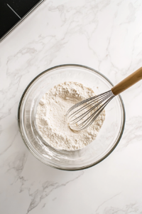 A top-down view of a mixing bowl on a clean kitchen countertop with a white marble cooktop background. Inside the bowl, flour, granulated sugar, cornmeal, baking powder, and salt are being whisked together. The dry ingredients are evenly combined, forming a smooth blend, ready for the wet ingredients.