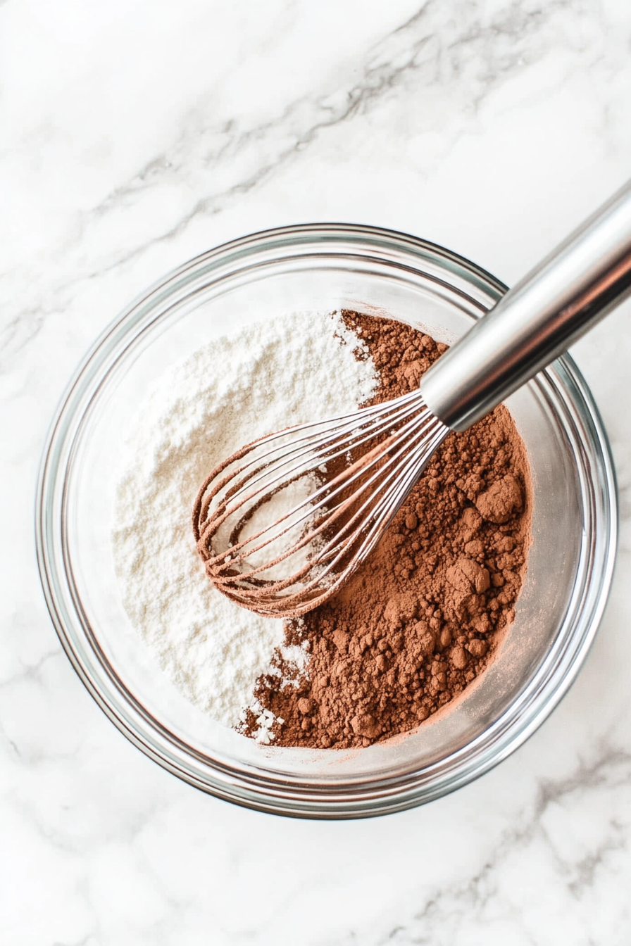 Top-down view of a small mixing bowl with flour, sugar, cocoa powder, baking soda, and salt being whisked together. The whisk is in motion, blending the dry ingredients smoothly on a clean marble countertop.