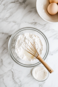 This image shows a mixing bowl filled with dry ingredients like flour, sugar, and baking powder, with a separate bowl beside it containing milk, eggs, vanilla, and oil. The process of preparing the waffle batter is underway, with a whisk ready to combine the two mixtures for a smooth consistency.