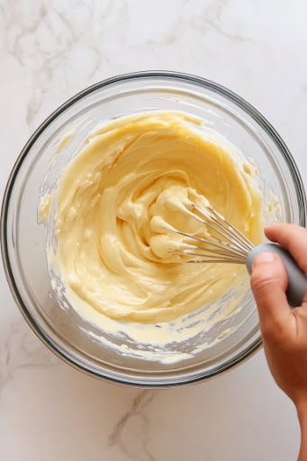 This image shows eggs, condensed milk, evaporated milk, and vanilla extract being beaten together with an electric mixer until smooth, forming the flan base.