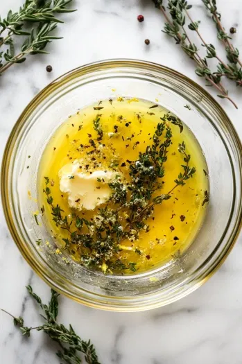 This image shows softened butter being mixed with lemon zest, thyme, and rosemary in a bowl to make herb butter for the turkey.