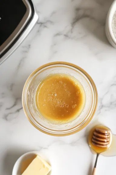 [This image shows Dijon mustard, butter, and honey being combined and microwaved in a small bowl to create a honey-mustard spread.