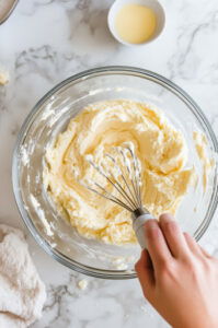 This image shows a person adding an egg and vanilla extract into the creamed butter and sugar mixture, stirring until well combined.