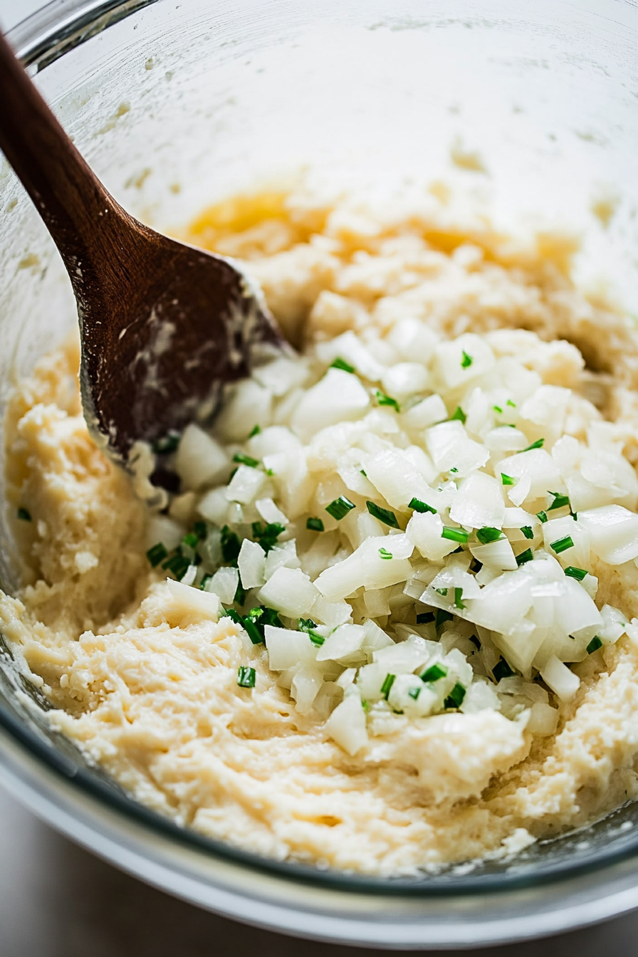 A top-down view of the mixing bowl containing a thick batter. Chopped onions are being mixed into the batter with a spatula, evenly combined to create a chunky mixture. The scene focuses on the onions being integrated into the batter.