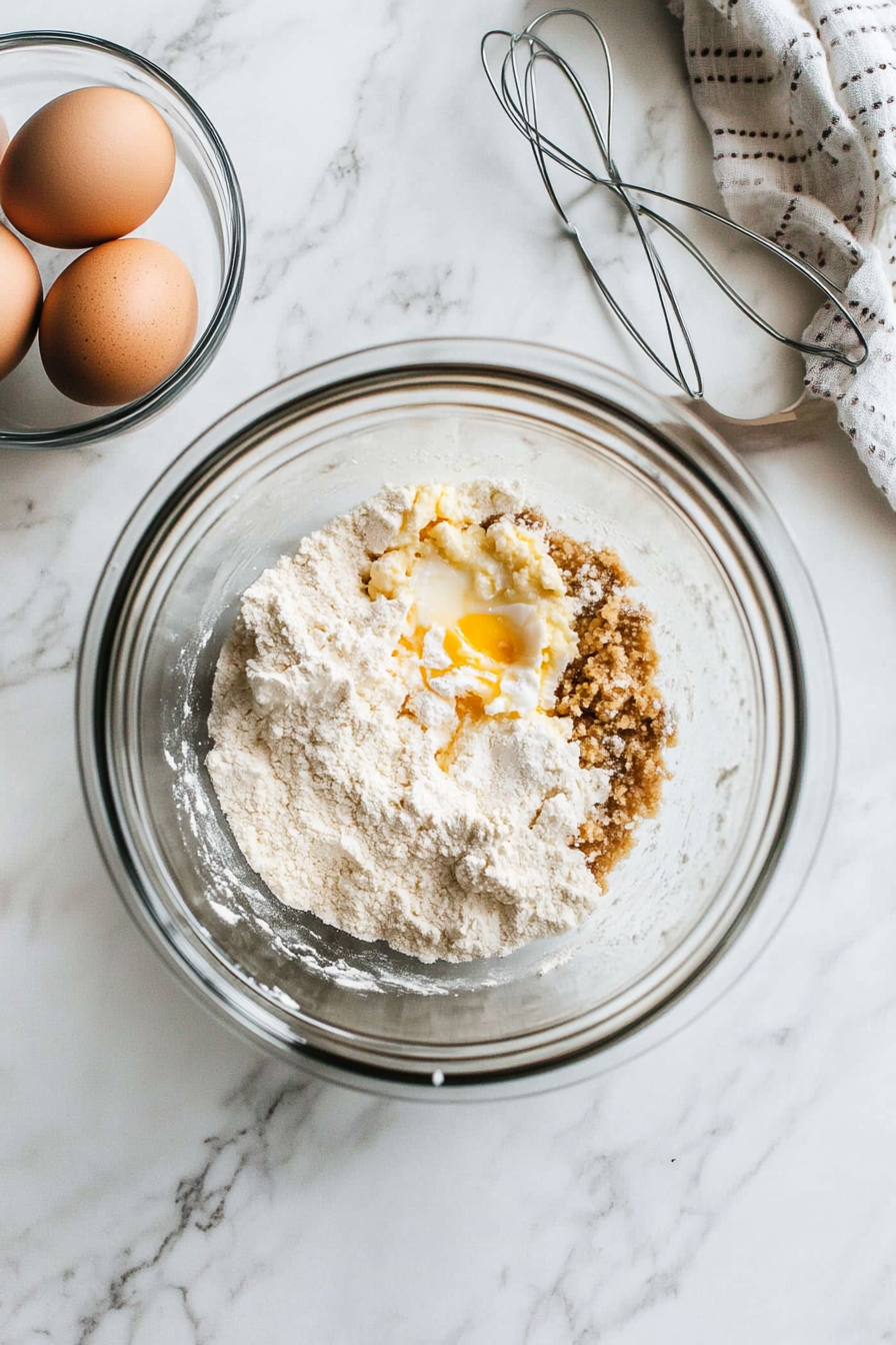 Top-down view of a mixing bowl on the white marble cooktop. Flour, baking powder, salt, and dark brown sugar are being mixed. Whisked eggs and vanilla extract are added to the mixture, forming a clumpy, crumbly dough for the topping.