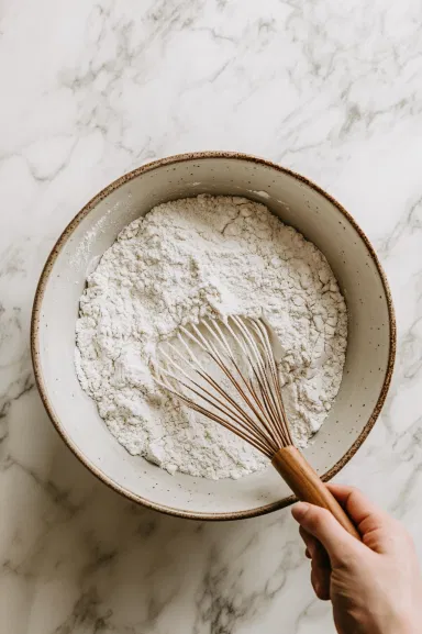 Top-down view of a large mixing bowl on a white marble cooktop, with flour, baking powder, baking soda, salt, ground cinnamon, and ground nutmeg being whisked together. The scene focuses on the well-mixed dry ingredients, ready for the wet ingredients.