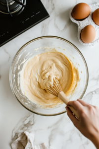 A top-down view of a mixing bowl on a clean kitchen countertop with a white marble cooktop background. Inside the bowl, pancake mix, milk, eggs, and maple syrup are being stirred together until smooth, forming a creamy batter.