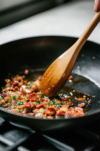 This image shows brown sugar, Dijon mustard, and garlic being added to the skillet with the cooked bacon, stirring until the sauce is well combined.