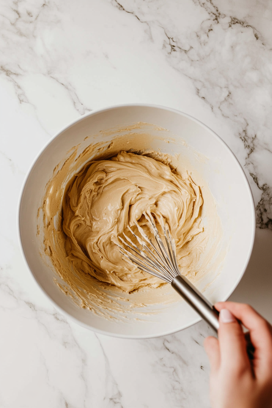 A top-down view of the mixing bowl with the brown sugar and butter mixture. Mashed banana, vanilla extract, and eggs are being stirred into the mixture, blending into a thick, smooth batter.