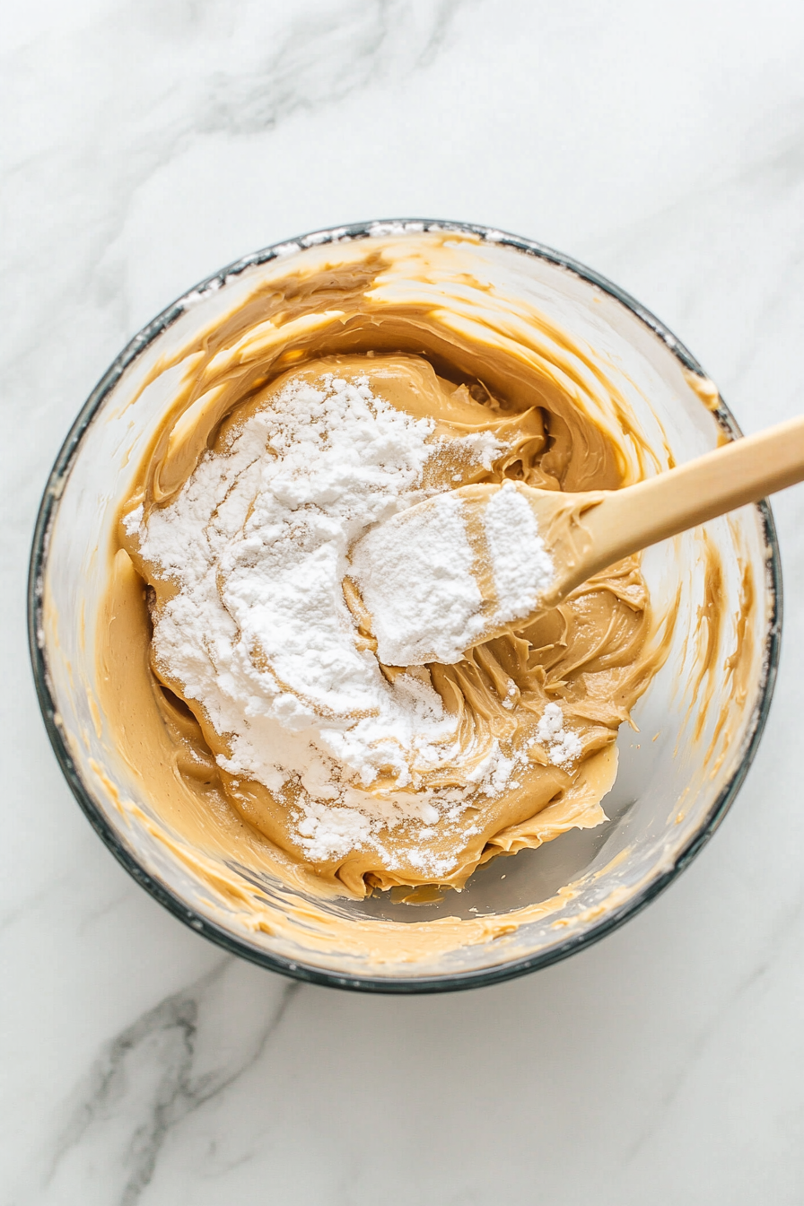 Top-down view of a mixing bowl on a white marble cooktop with powdered sugar being gradually mixed into the peanut butter and cream cheese mixture. The mixture is thickening and becoming creamy as the powdered sugar is incorporated.