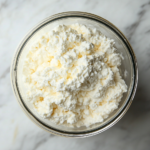 A top-down view of the tofu and yogurt mixture being transferred into a tightly sealed container.