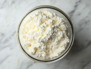 A top-down view of the tofu and yogurt mixture being transferred into a tightly sealed container.