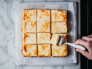 Top-down view of the cooled cream cheese bars sliced into squares and arranged on a white serving plate on a white marble cooktop. The bars are soft, creamy, with a perfectly golden top. The scene highlights the rich, decadent layers of the dessert, ready to be enjoyed.