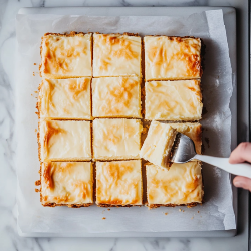 Top-down view of the cooled cream cheese bars sliced into squares and arranged on a white serving plate on a white marble cooktop. The bars are soft, creamy, with a perfectly golden top. The scene highlights the rich, decadent layers of the dessert, ready to be enjoyed.