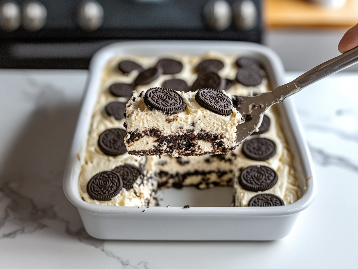 Top-down view of the finished dessert in the baking dish on a white marble countertop. The dessert has cooled and is being cut into squares, showing distinct layers of cookie dough, Oreos, cream cheese, and the crunchy Oreo topping.