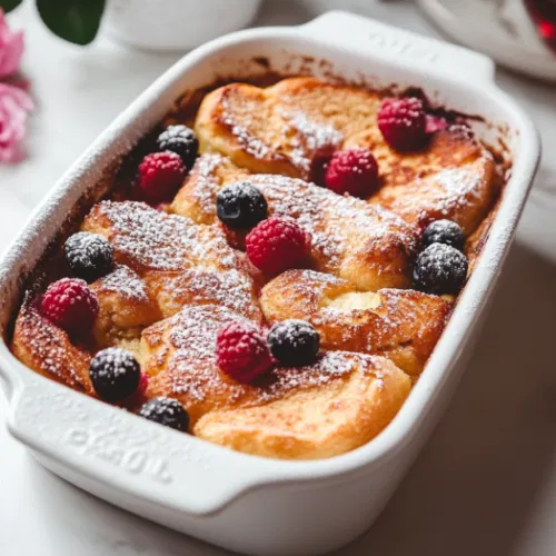 This image shows a golden-baked overnight French toast casserole, sliced and topped with fresh berries, a drizzle of maple syrup, and a dusting of powdered sugar, served in a cozy breakfast setting.