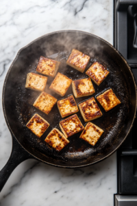 A top-down view of a flat-bottomed cast iron pan on a stovetop with a white marble cooktop background. Firm tofu slices are being pan-fried until golden brown, with steam rising and the tofu turning crispy.