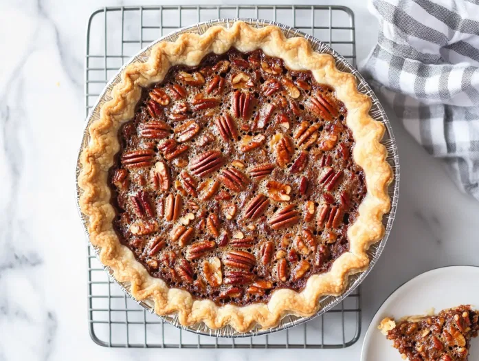 Top-down view of a baked pecan pie cooling on a rack. A golden brown pie with a shiny filling, with a slice cut out and placed on a nearby plate, ready to cool before serving.