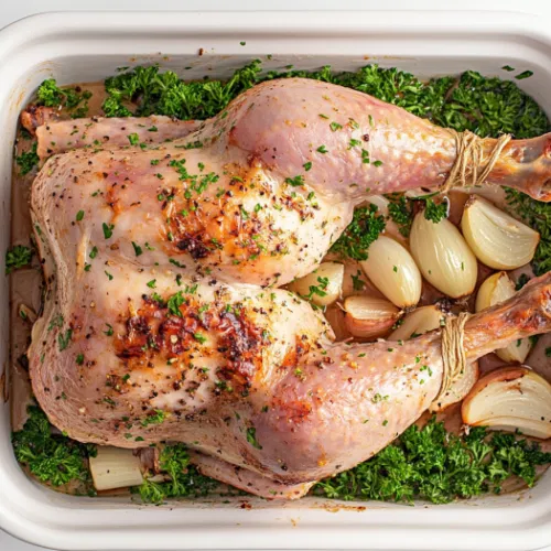 This image shows a perfectly roasted golden-brown turkey garnished with fresh herbs, placed on a serving platter, ready to be carved and served.