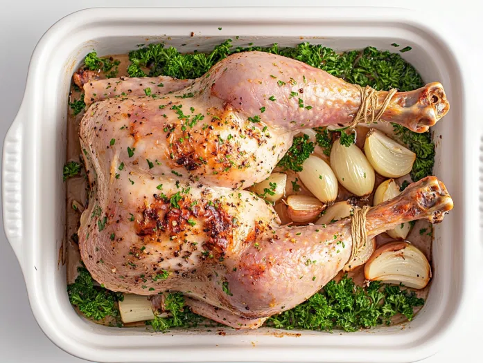 This image shows a perfectly roasted golden-brown turkey garnished with fresh herbs, placed on a serving platter, ready to be carved and served.