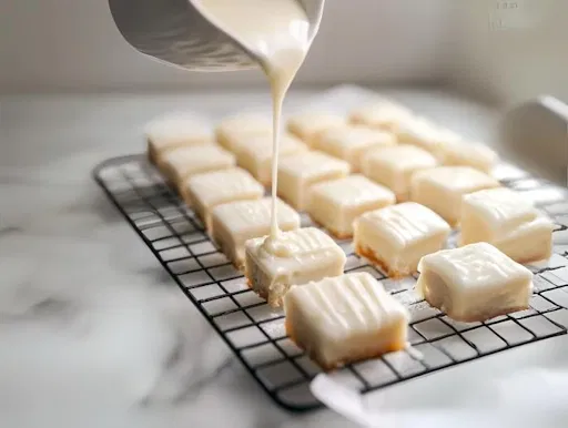 this image shows petits fours on a cooling rack